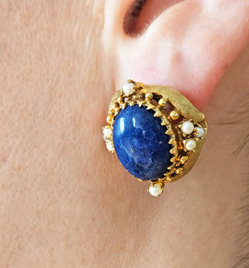 Vintage 14k Gold Lapis Lazuli Pearl Button Earrings Clips Post, Circa 1970s