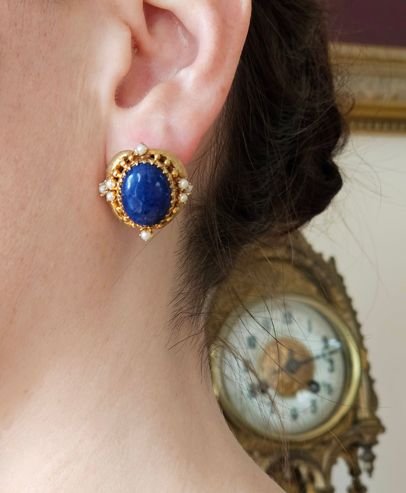 Vintage 14k Gold Lapis Lazuli Pearl Button Earrings Clips Post, Circa 1970s