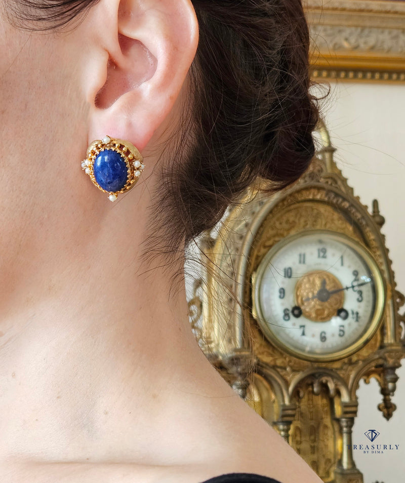 Vintage 14k Gold Lapis Lazuli Pearl Button Earrings Clips Post, Circa 1970s