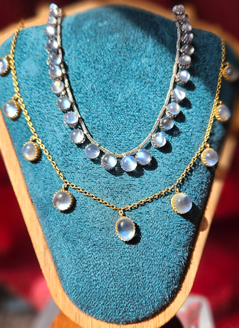 A Victorian Authentic Original Slightly Graduated 23.40ctw Blue Moonstone fringe Roman Woven 10K White Gold Necklace C. 1880s
