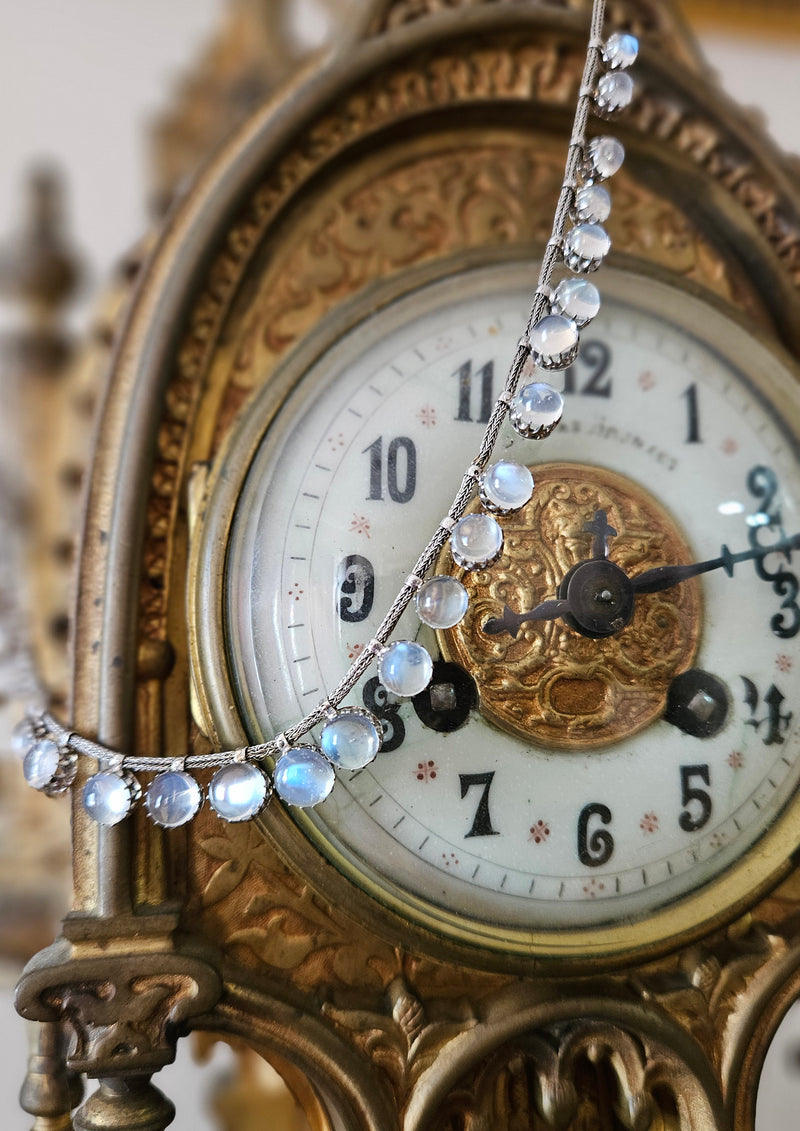 A Victorian Authentic Original Slightly Graduated 23.40ctw Blue Moonstone fringe Roman Woven 10K White Gold Necklace C. 1880s