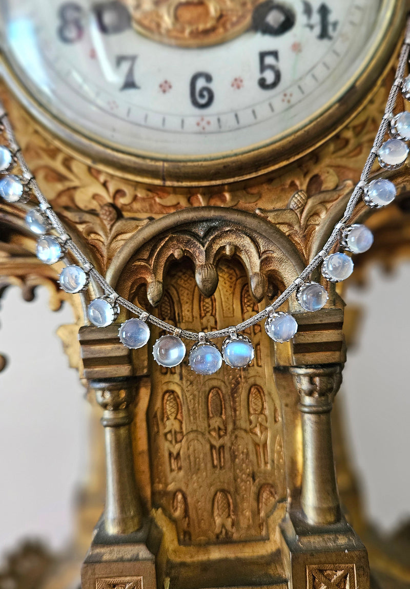 A Victorian Authentic Original Slightly Graduated 23.40ctw Blue Moonstone fringe Roman Woven 10K White Gold Necklace C. 1880s