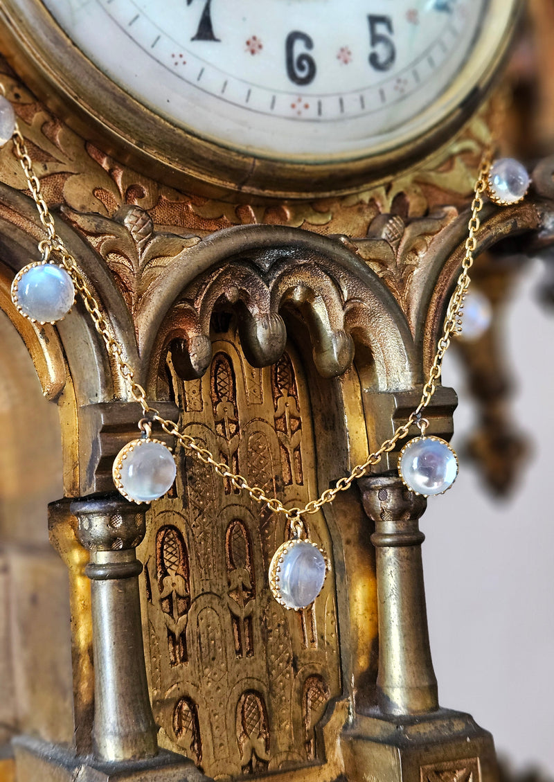 Rare c. 1870... Authentic Antique English Victorian 15ct Gold Graduated Moonstone Fringe Necklace