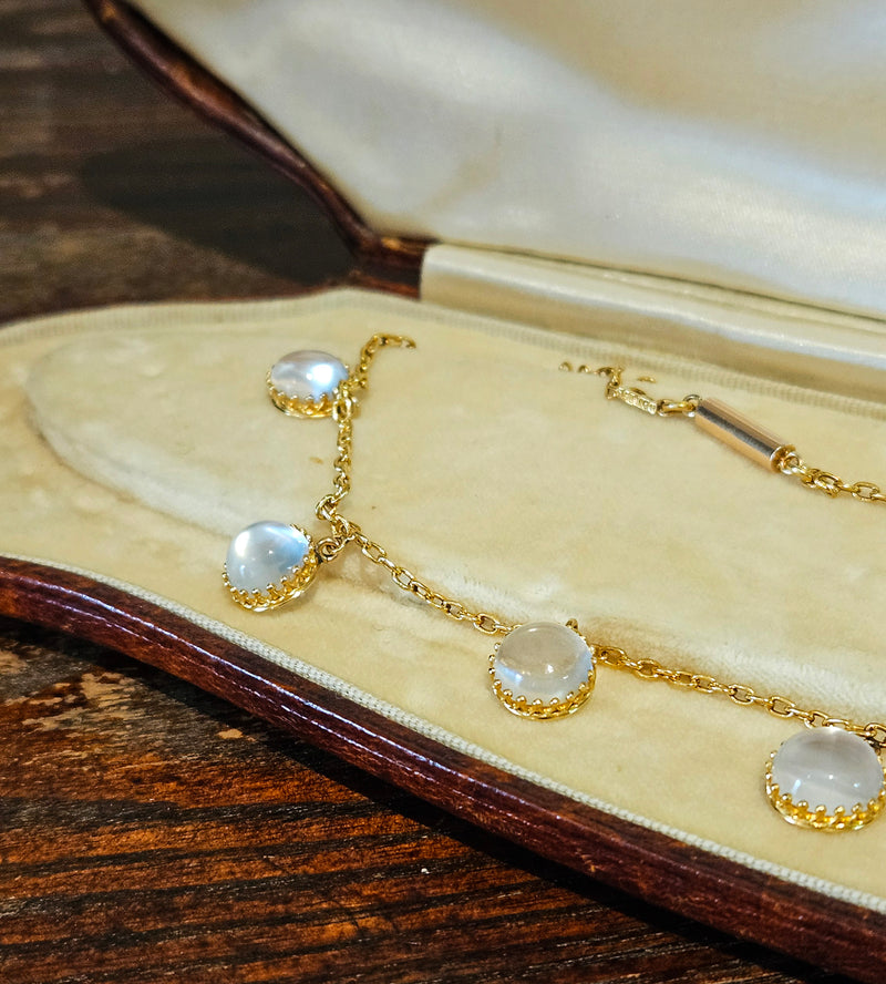 Rare c. 1870... Authentic Antique English Victorian 15ct Gold Graduated Moonstone Fringe Necklace