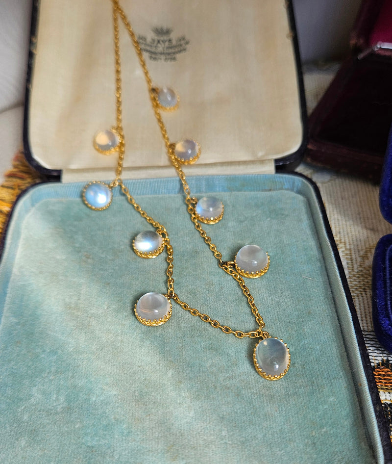 Rare c. 1870... Authentic Antique English Victorian 15ct Gold Graduated Moonstone Fringe Necklace