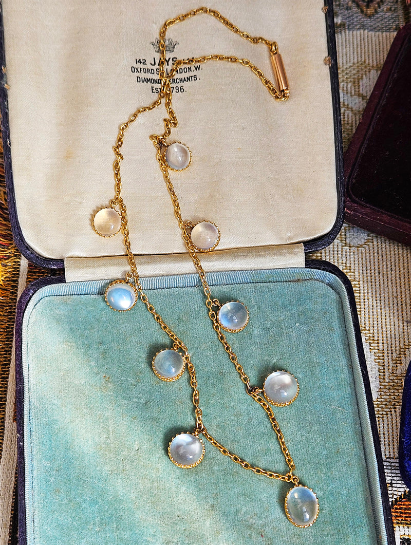Rare c. 1870... Authentic Antique English Victorian 15ct Gold Graduated Moonstone Fringe Necklace