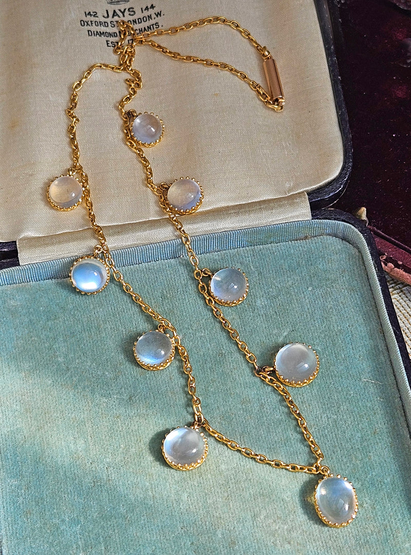 Rare c. 1870... Authentic Antique English Victorian 15ct Gold Graduated Moonstone Fringe Necklace