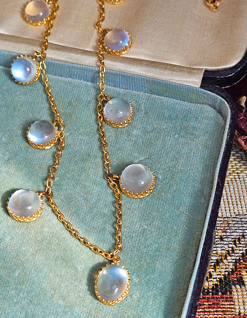 Rare c. 1870... Authentic Antique English Victorian 15ct Gold Graduated Moonstone Fringe Necklace