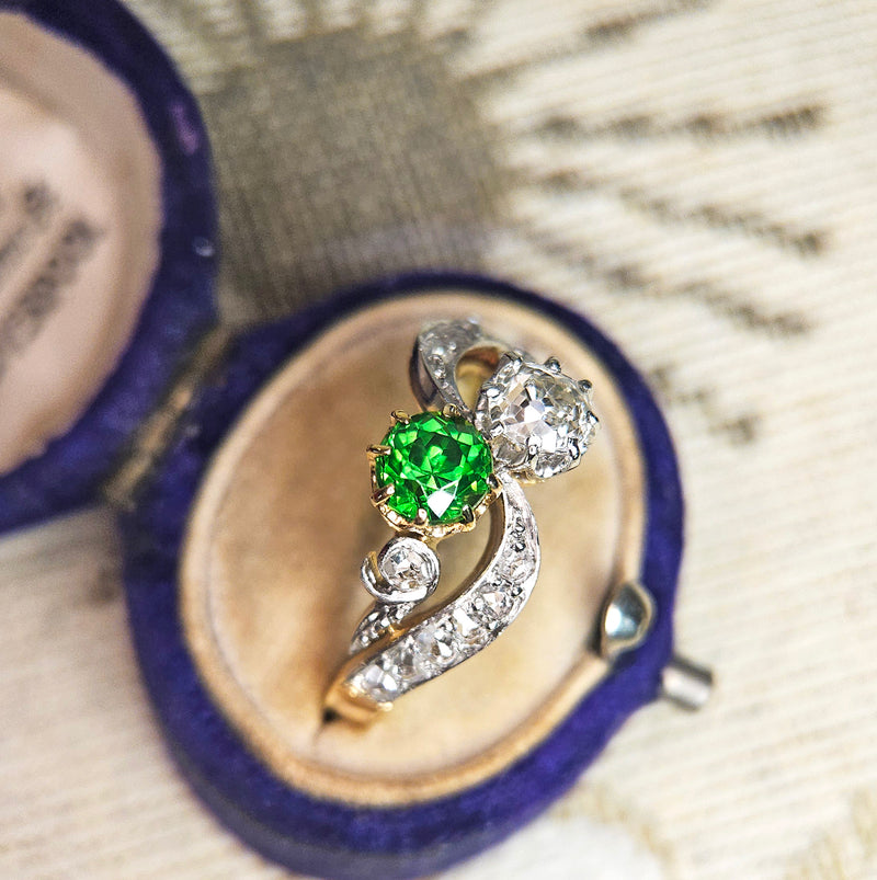 Edwardian GIA 1.69ctw Russian DEMANTOID Garnet Old Mine Cushion DIAMOND Crossover "Toi et Moi" Engagement 18k Gold Antique Ring