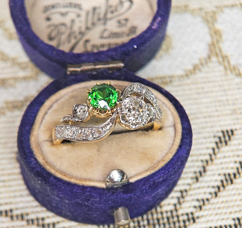 Edwardian GIA 1.69ctw Russian DEMANTOID Garnet Old Mine Cushion DIAMOND Crossover "Toi et Moi" Engagement 18k Gold Antique Ring