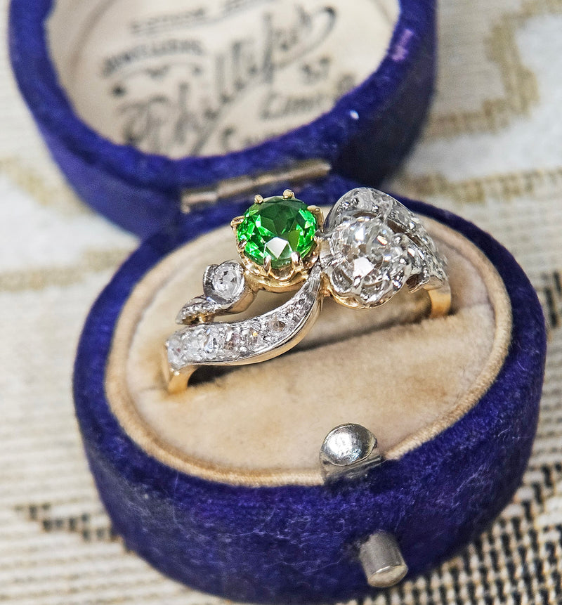 Edwardian GIA 1.69ctw Russian DEMANTOID Garnet Old Mine Cushion DIAMOND Crossover "Toi et Moi" Engagement 18k Gold Antique Ring