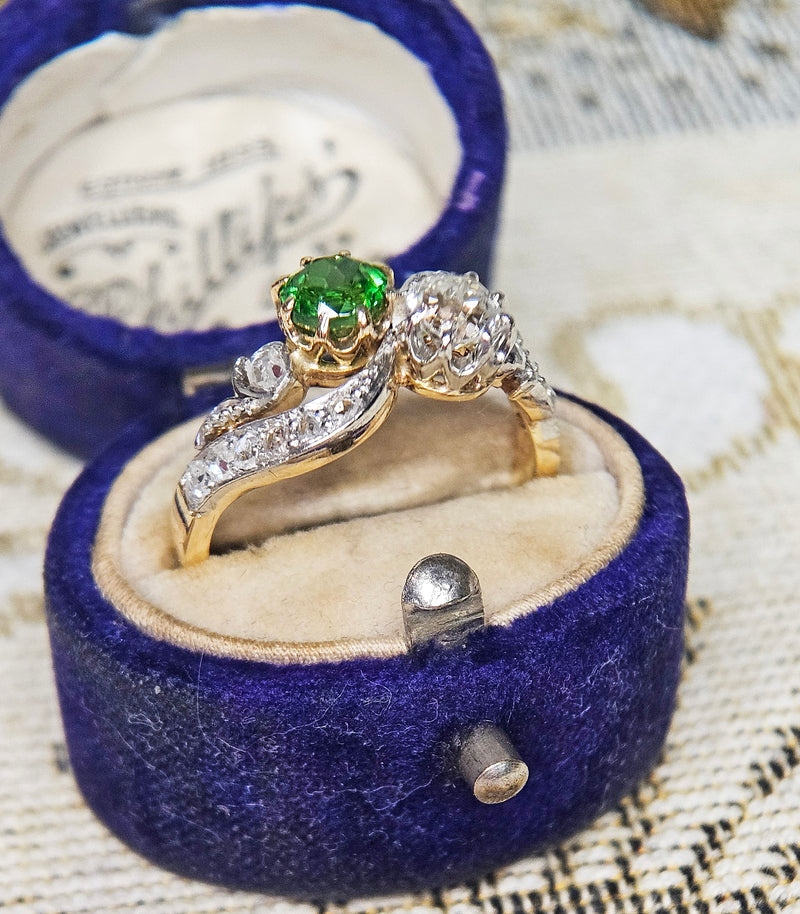 Edwardian GIA 1.69ctw Russian DEMANTOID Garnet Old Mine Cushion DIAMOND Crossover "Toi et Moi" Engagement 18k Gold Antique Ring