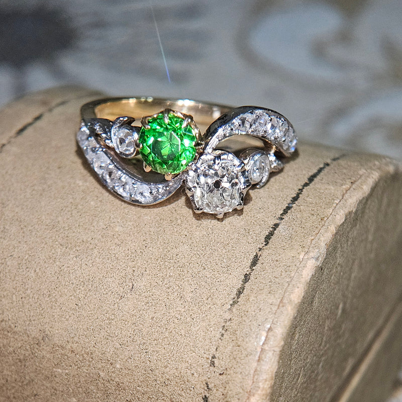 Edwardian GIA 1.69ctw Russian DEMANTOID Garnet Old Mine Cushion DIAMOND Crossover "Toi et Moi" Engagement 18k Gold Antique Ring