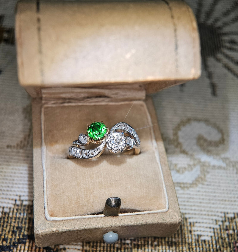 Edwardian GIA 1.69ctw Russian DEMANTOID Garnet Old Mine Cushion DIAMOND Crossover "Toi et Moi" Engagement 18k Gold Antique Ring