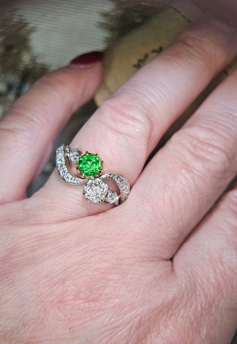 Edwardian GIA 1.69ctw Russian DEMANTOID Garnet Old Mine Cushion DIAMOND Crossover "Toi et Moi" Engagement 18k Gold Antique Ring