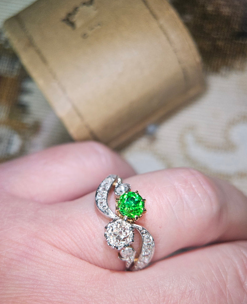 Edwardian GIA 1.69ctw Russian DEMANTOID Garnet Old Mine Cushion DIAMOND Crossover "Toi et Moi" Engagement 18k Gold Antique Ring