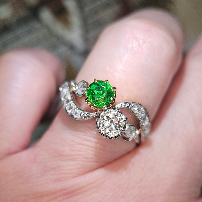 Edwardian GIA 1.69ctw Russian DEMANTOID Garnet Old Mine Cushion DIAMOND Crossover "Toi et Moi" Engagement 18k Gold Antique Ring