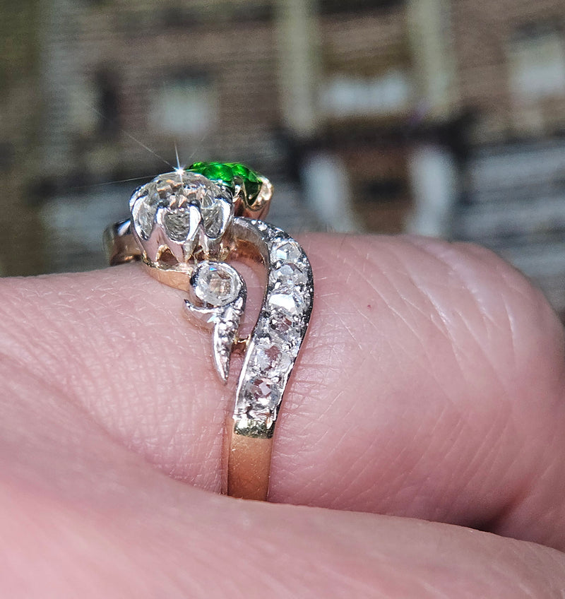 Edwardian GIA 1.69ctw Russian DEMANTOID Garnet Old Mine Cushion DIAMOND Crossover "Toi et Moi" Engagement 18k Gold Antique Ring