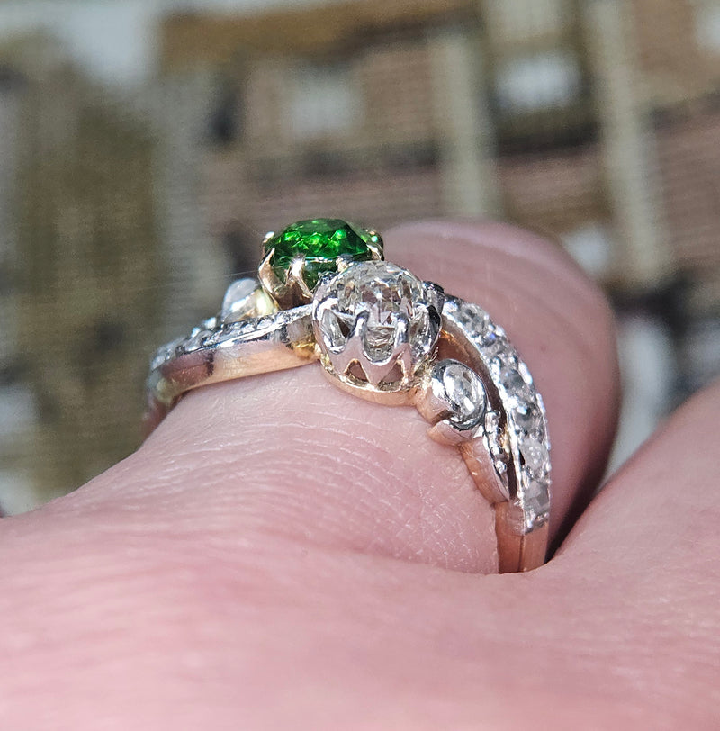 Edwardian GIA 1.69ctw Russian DEMANTOID Garnet Old Mine Cushion DIAMOND Crossover "Toi et Moi" Engagement 18k Gold Antique Ring