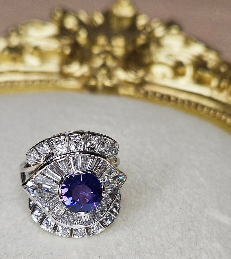 Vintage GIA 4.38ctw Natural Color-Change PURPLE No-Heat Round Sapphire Diamond Platinum Cocktail Cluster Dinner Ring
