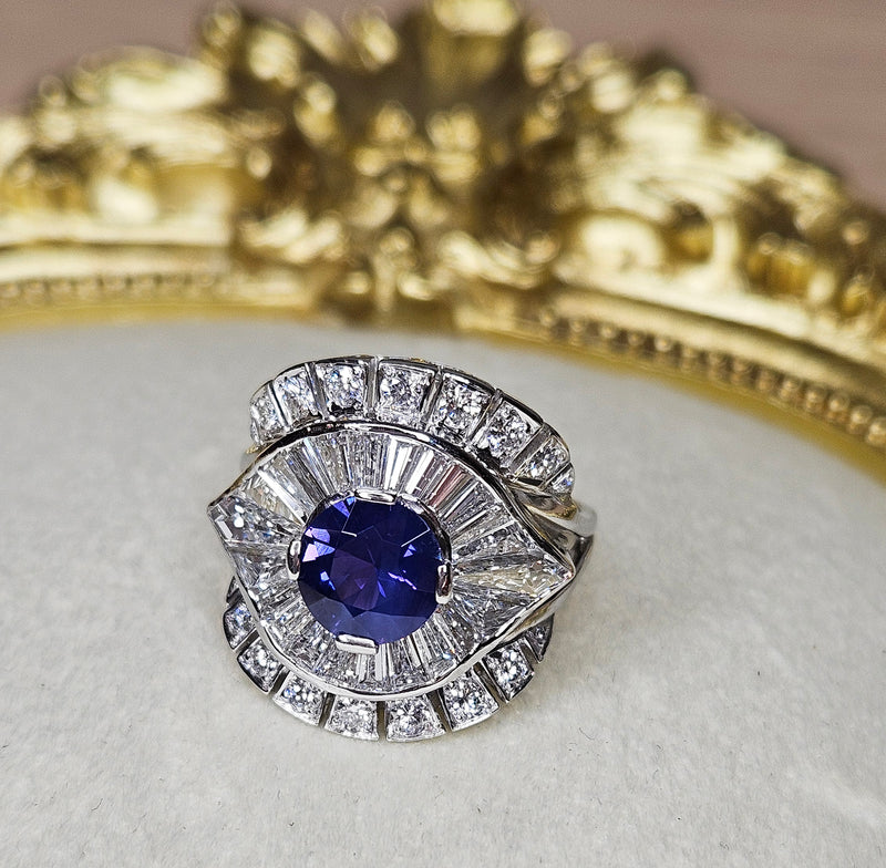 Vintage GIA 4.38ctw Natural Color-Change PURPLE No-Heat Round Sapphire Diamond Platinum Cocktail Cluster Dinner Ring