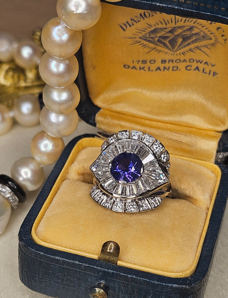 Vintage GIA 4.38ctw Natural Color-Change PURPLE No-Heat Round Sapphire Diamond Platinum Cocktail Cluster Dinner Ring