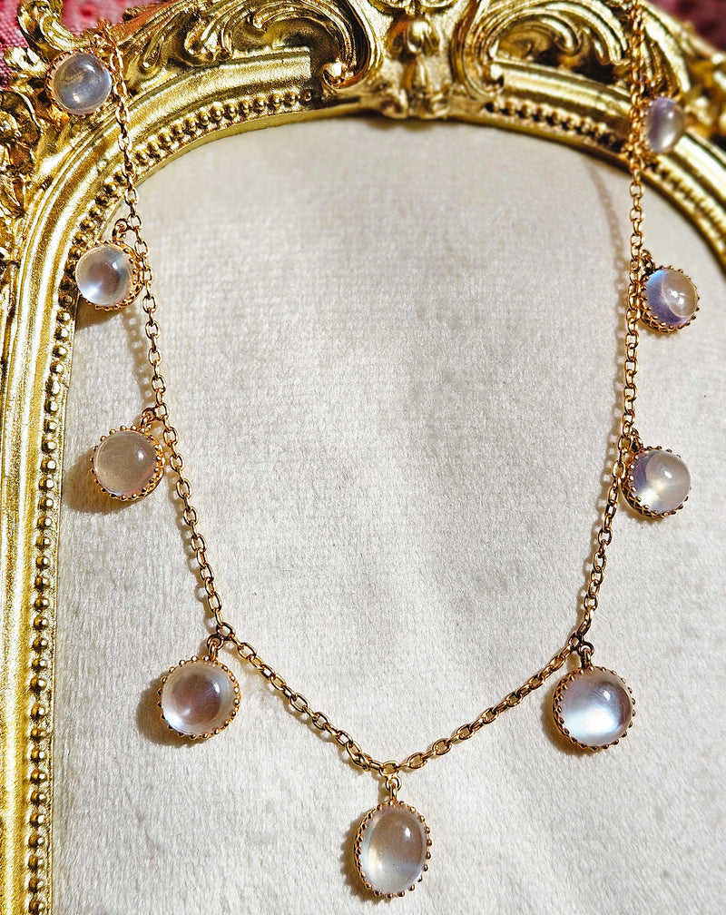 Rare c. 1870... Authentic Antique English Victorian 15ct Gold Graduated Moonstone Fringe Necklace