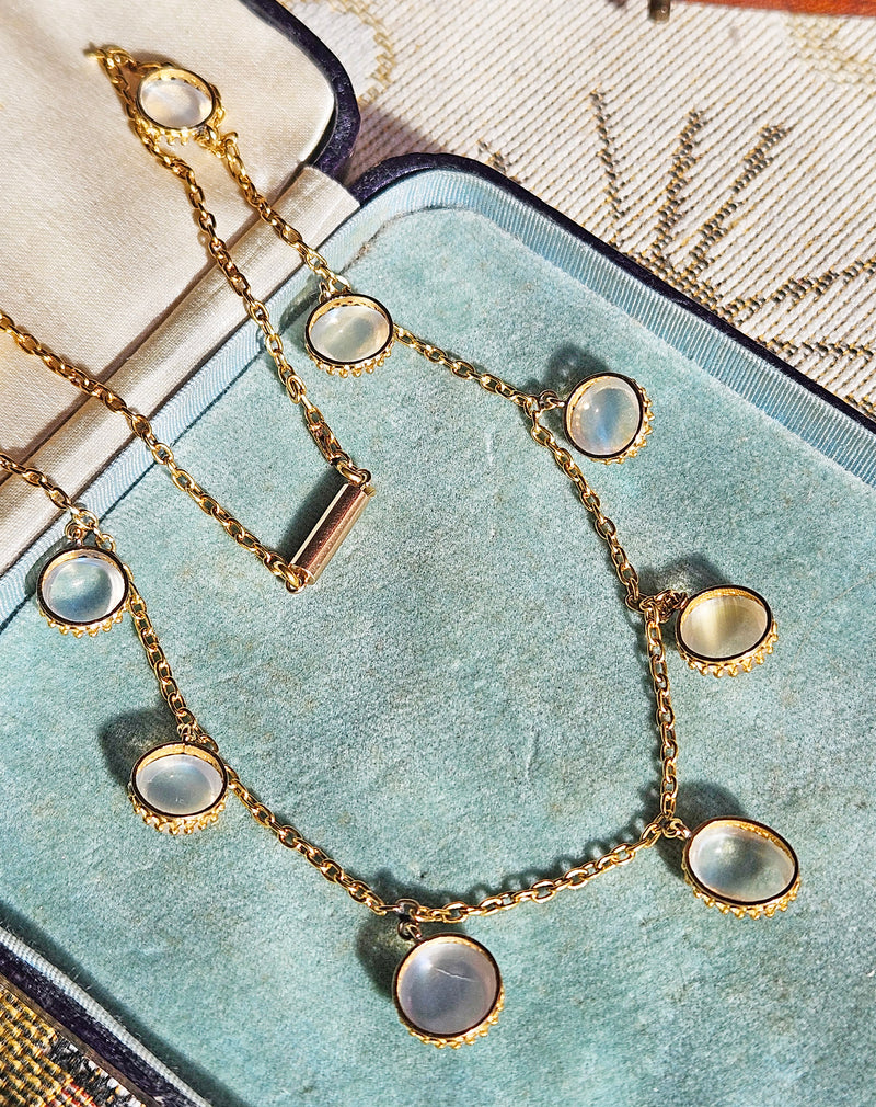 Rare c. 1870... Authentic Antique English Victorian 15ct Gold Graduated Moonstone Fringe Necklace