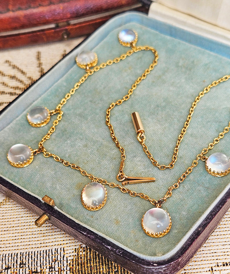 Rare c. 1870... Authentic Antique English Victorian 15ct Gold Graduated Moonstone Fringe Necklace