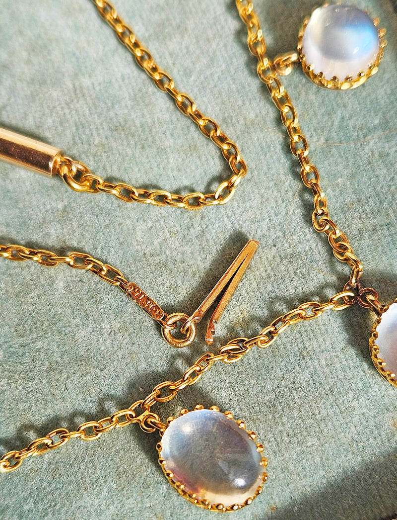 Rare c. 1870... Authentic Antique English Victorian 15ct Gold Graduated Moonstone Fringe Necklace