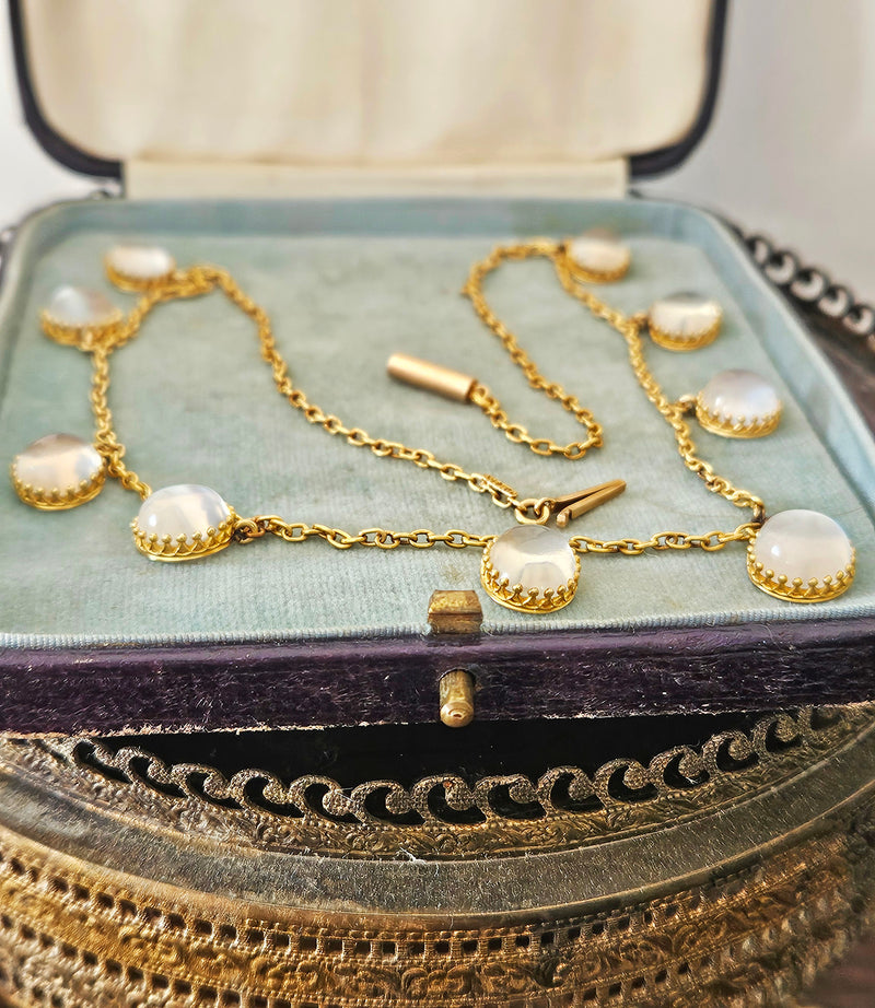 Rare c. 1870... Authentic Antique English Victorian 15ct Gold Graduated Moonstone Fringe Necklace