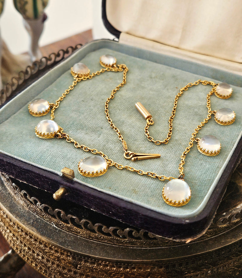 Rare c. 1870... Authentic Antique English Victorian 15ct Gold Graduated Moonstone Fringe Necklace