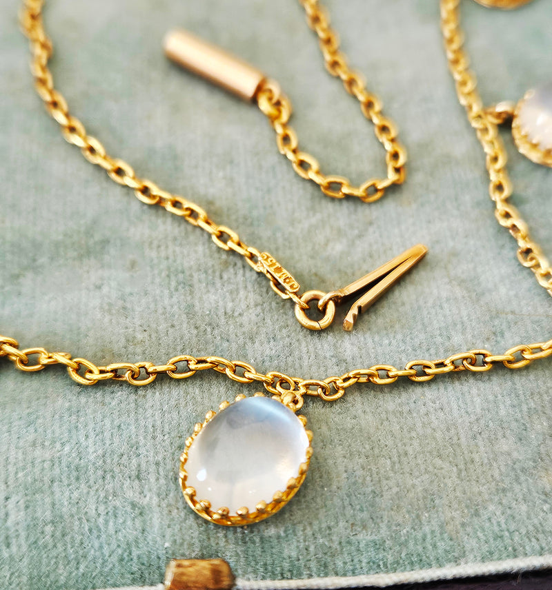Rare c. 1870... Authentic Antique English Victorian 15ct Gold Graduated Moonstone Fringe Necklace