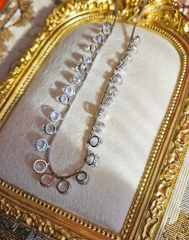 A Victorian Authentic Original Slightly Graduated 23.40ctw Blue Moonstone fringe Roman Woven 10K White Gold Necklace C. 1880s