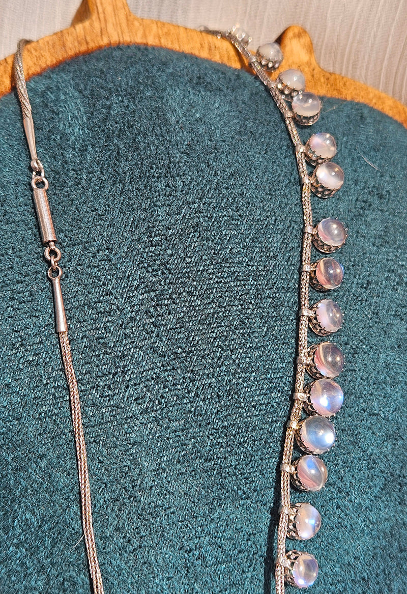 A Victorian Authentic Original Slightly Graduated 23.40ctw Blue Moonstone fringe Roman Woven 10K White Gold Necklace C. 1880s