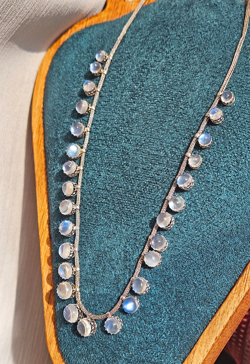 A Victorian Authentic Original Slightly Graduated 23.40ctw Blue Moonstone fringe Roman Woven 10K White Gold Necklace C. 1880s