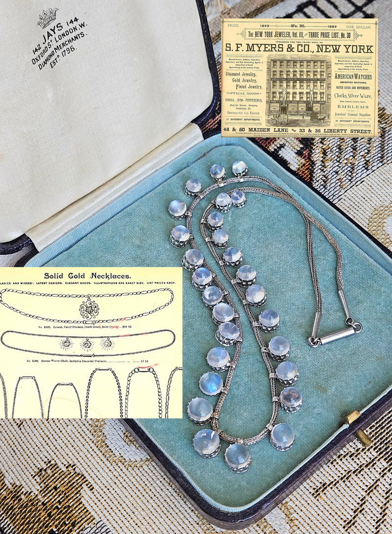 A Victorian Authentic Original Slightly Graduated 23.40ctw Blue Moonstone fringe Roman Woven 10K White Gold Necklace C. 1880s