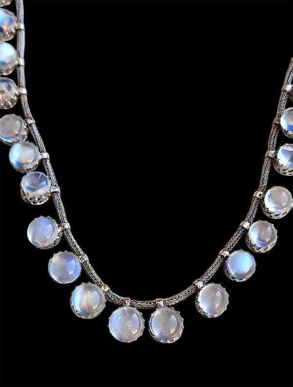 A Victorian Authentic Original Slightly Graduated 23.40ctw Blue Moonstone fringe Roman Woven 10K White Gold Necklace C. 1880s