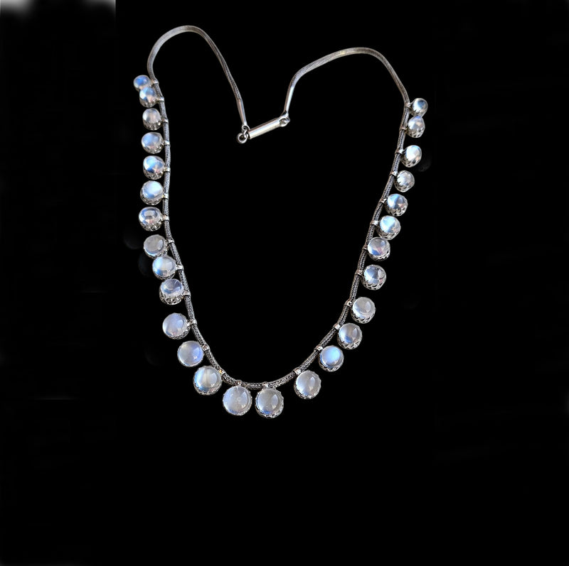 A Victorian Authentic Original Slightly Graduated 23.40ctw Blue Moonstone fringe Roman Woven 10K White Gold Necklace C. 1880s