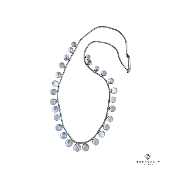 A Victorian Authentic Original Slightly Graduated 23.40ctw Blue Moonstone fringe Roman Woven 10K White Gold Necklace C. 1880s