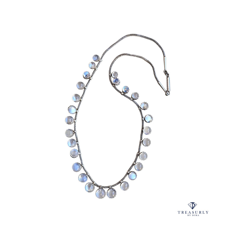 A Victorian Authentic Original Slightly Graduated 23.40ctw Blue Moonstone fringe Roman Woven 10K White Gold Necklace C. 1880s