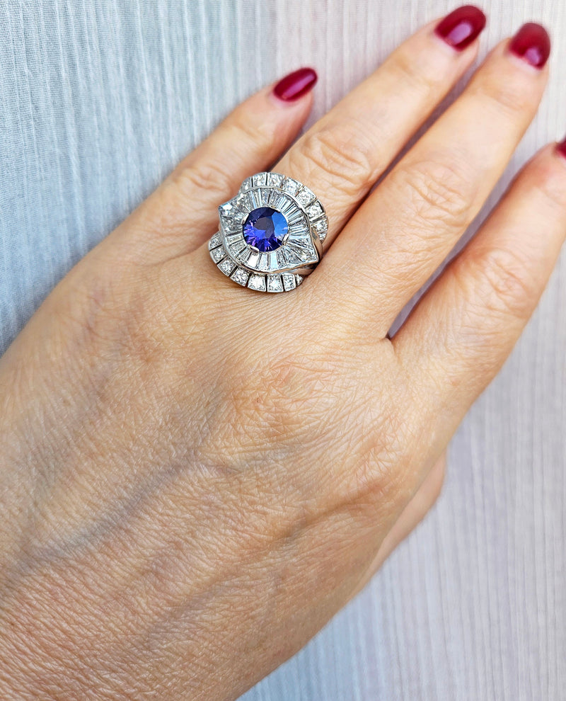 Vintage GIA 4.38ctw Natural Color-Change PURPLE No-Heat Round Sapphire Diamond Platinum Cocktail Cluster Dinner Ring