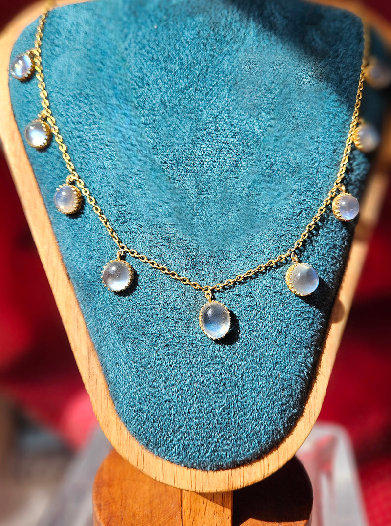 Rare c. 1870... Authentic Antique English Victorian 15ct Gold Graduated Moonstone Fringe Necklace