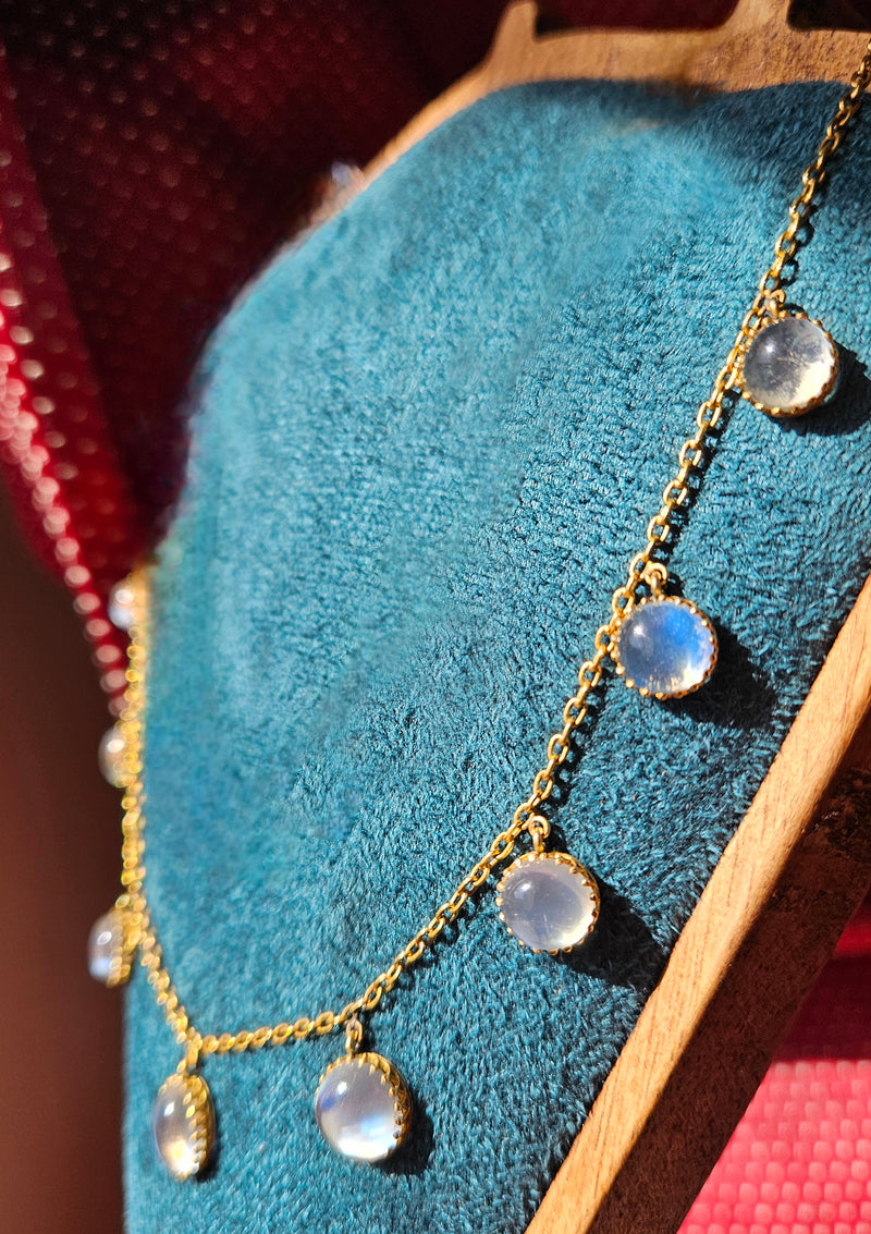 Rare c. 1870... Authentic Antique English Victorian 15ct Gold Graduated Moonstone Fringe Necklace