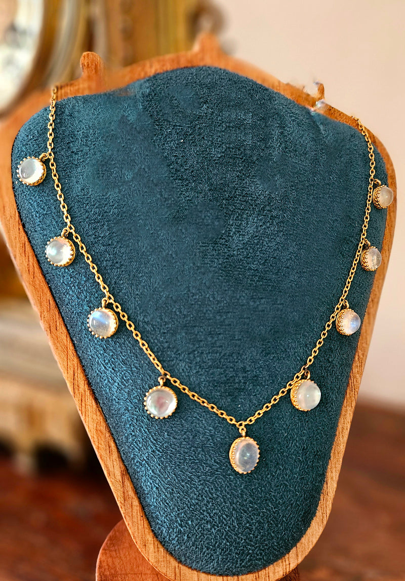 Rare c. 1870... Authentic Antique English Victorian 15ct Gold Graduated Moonstone Fringe Necklace