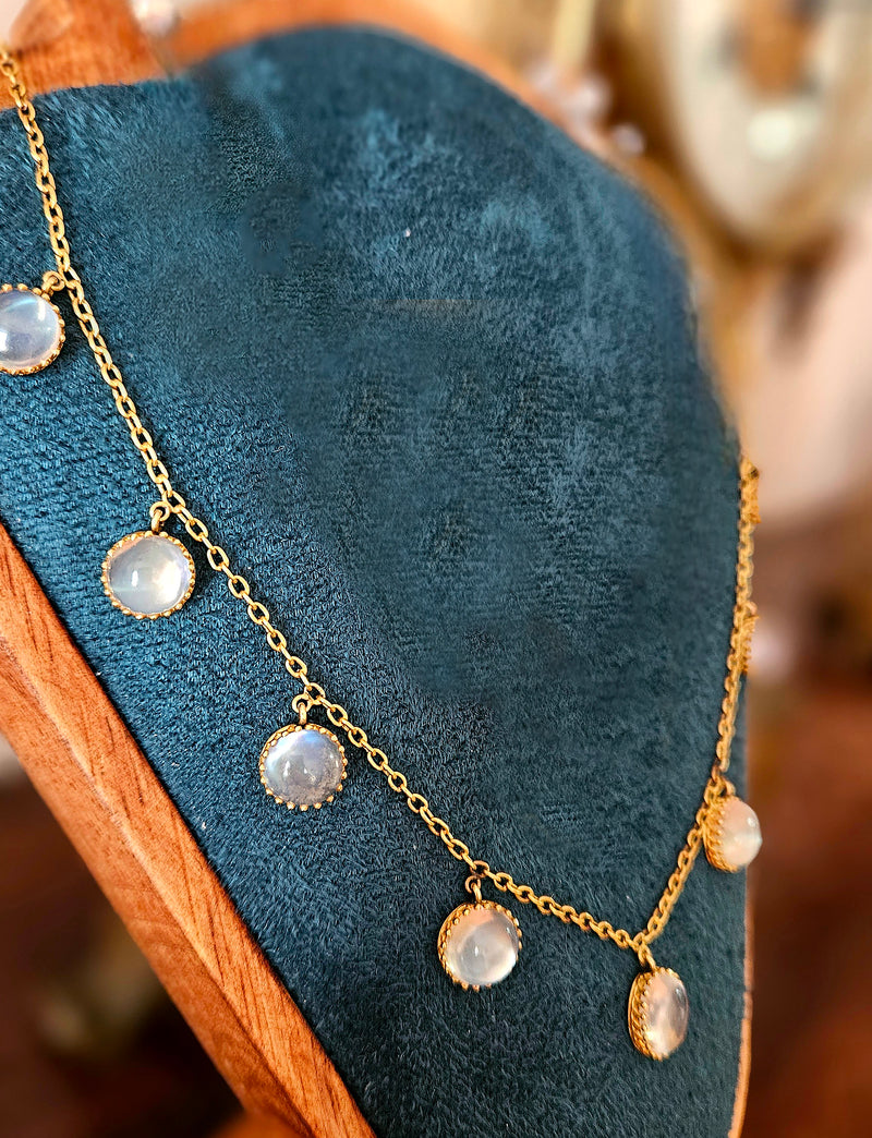 Rare c. 1870... Authentic Antique English Victorian 15ct Gold Graduated Moonstone Fringe Necklace