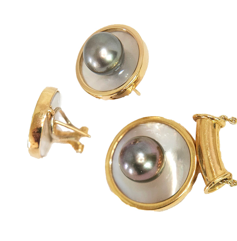 18K Yellow Gold Tahitian & Mother of Pearl Earrings and Pendant Slide Jewelry Vintage Set