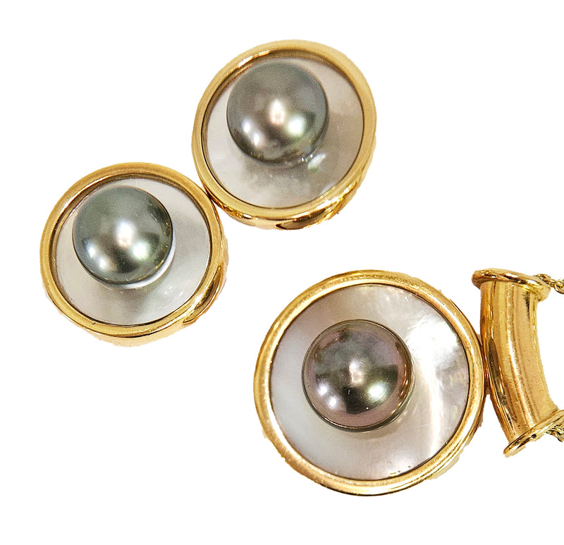 18K Yellow Gold Tahitian & Mother of Pearl Earrings and Pendant Slide Jewelry Vintage Set