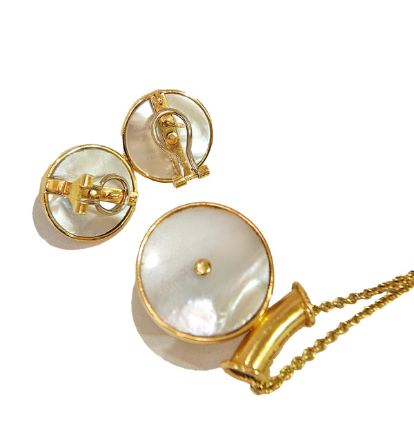 18K Yellow Gold Tahitian & Mother of Pearl Earrings and Pendant Slide Jewelry Vintage Set