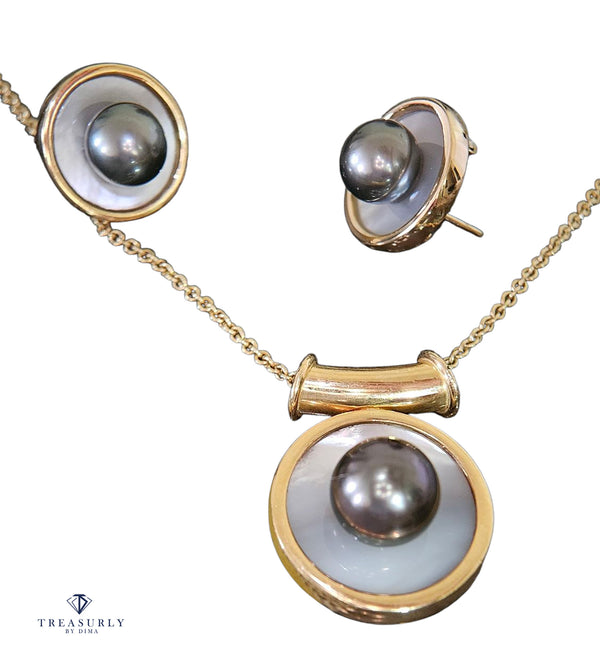 18K Yellow Gold Tahitian & Mother of Pearl Earrings and Pendant Slide Jewelry Vintage Set